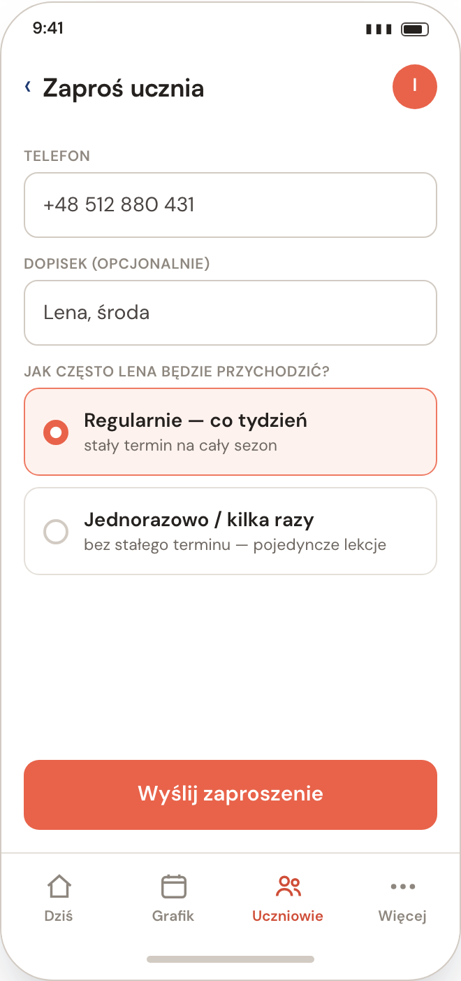 Ekran aplikacji: zaproszenie nowego ucznia